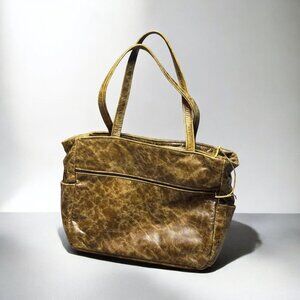 Vintage Brown Leather Tote Bag With Double Handles & Side Pockets